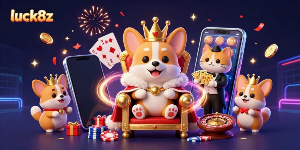 Engage with luck8z through an interactive 3D casino gathering featuring a royal corgi, a cat butler, and slot game excitement.