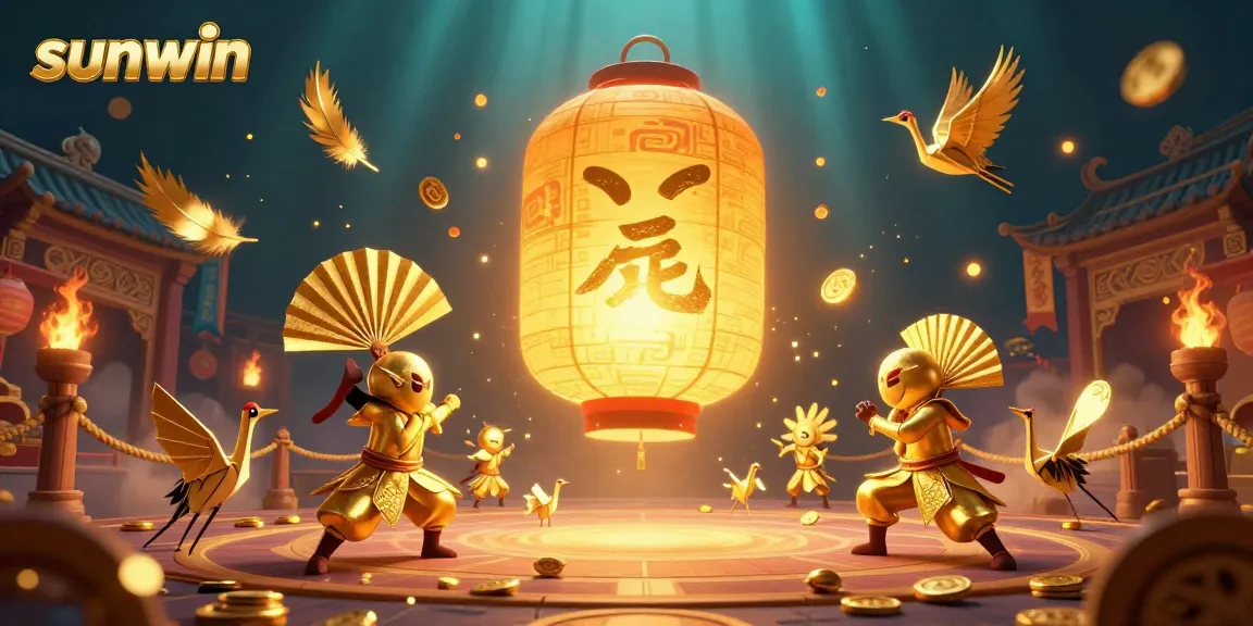 Engage in exciting gameplay with Sunwin, as the golden lantern spirit oversees a vibrant casino scene filled with fortune-telling symbols.