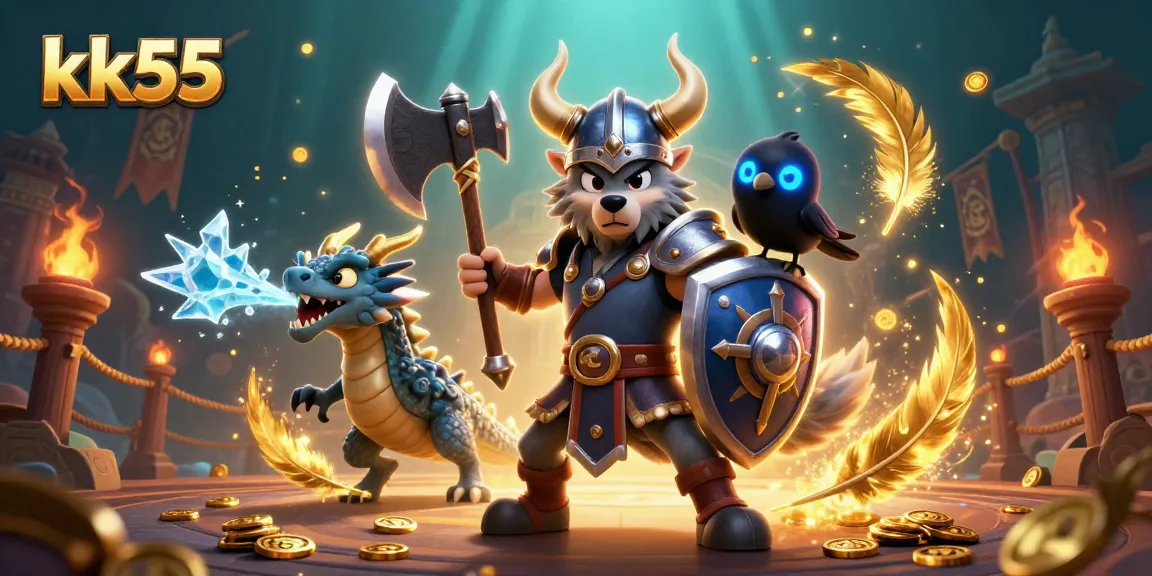 Engage in thrilling action at kk55 with an adventurous wolf warrior, fierce dragon, and vibrant casino elements.