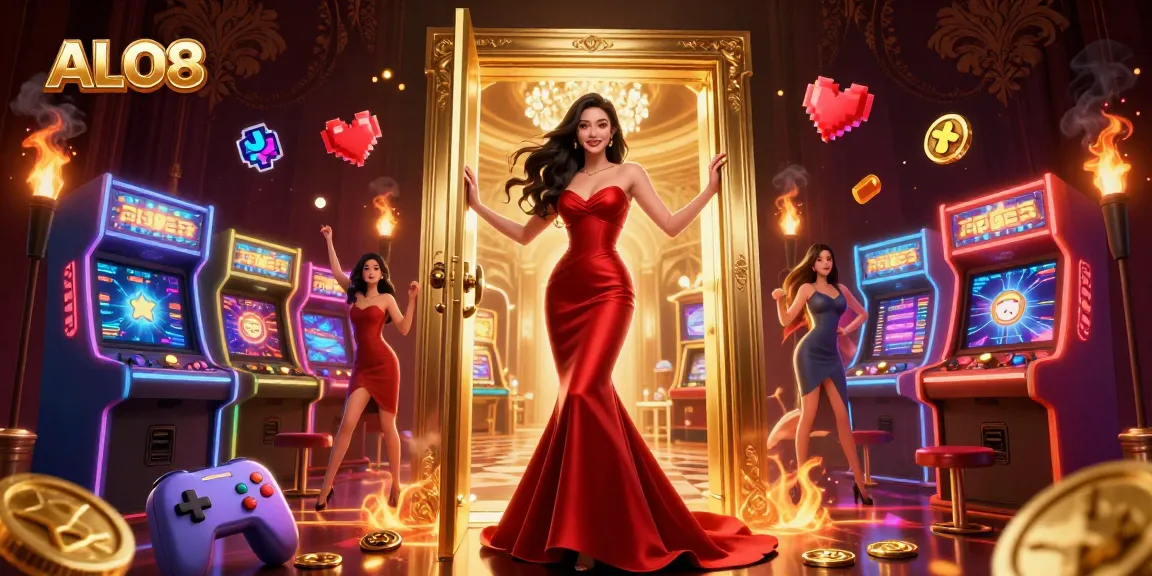 Experience the excitement of ALO8 with vibrant visuals of a beautiful Asian woman in a luxurious casino setting.