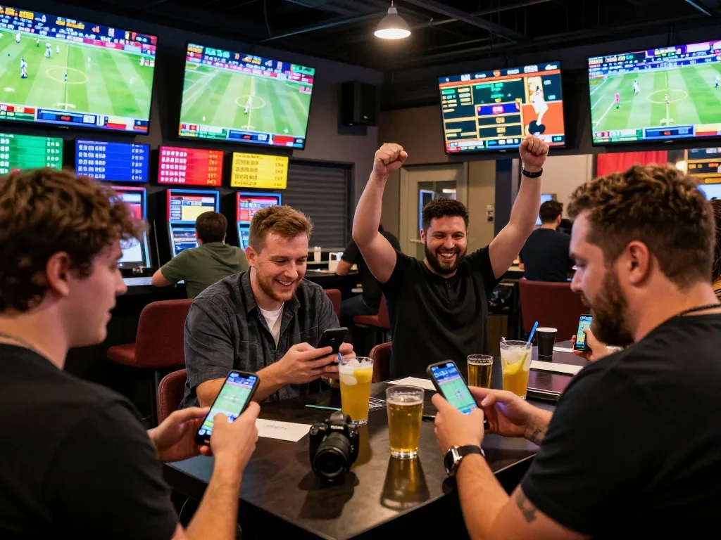 Excited sports bettors engaging with vebotv app in a lively lounge atmosphere.