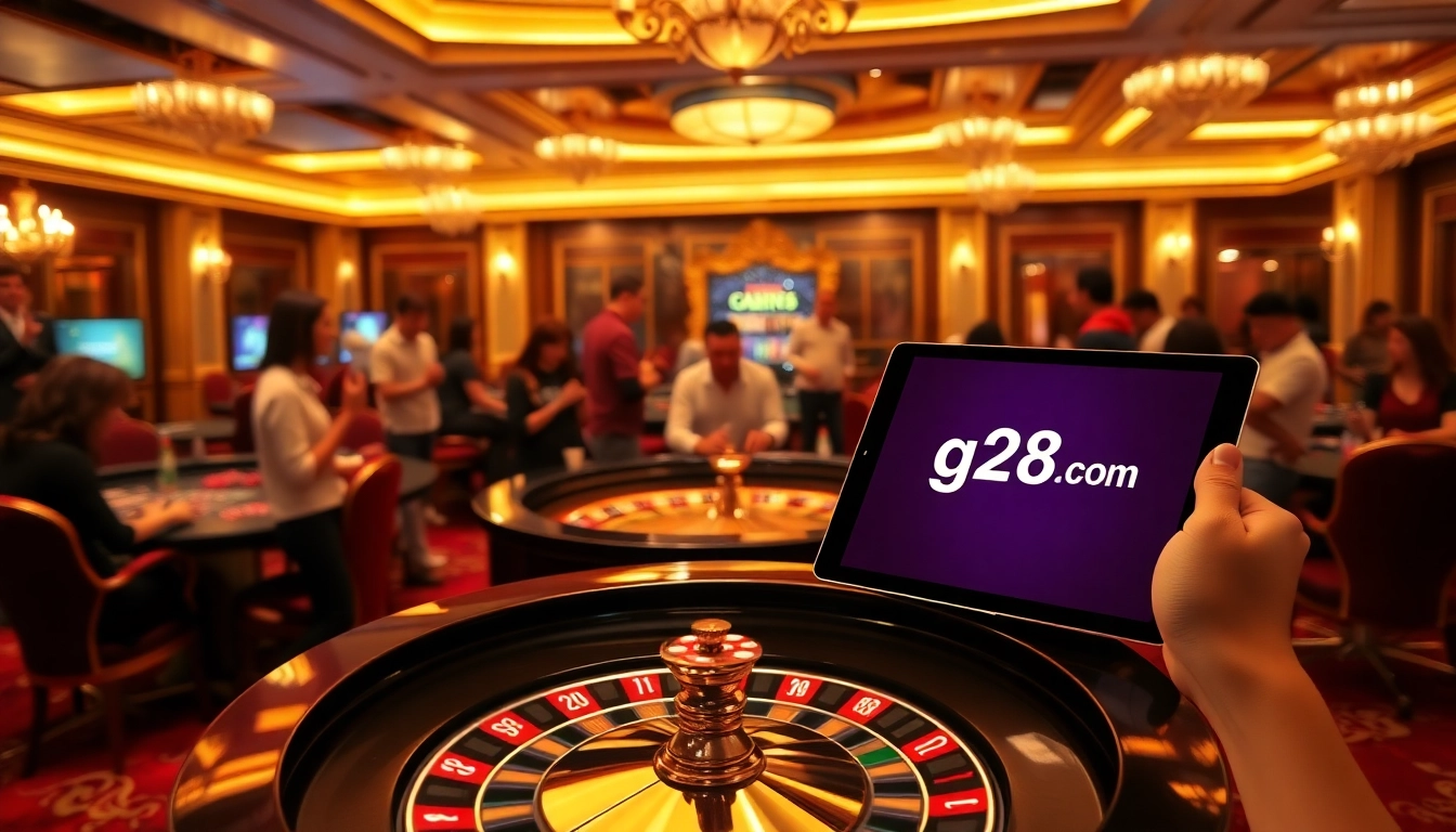 Experience thrills at g28.com with a lively roulette table and excitement in a luxurious casino setting.