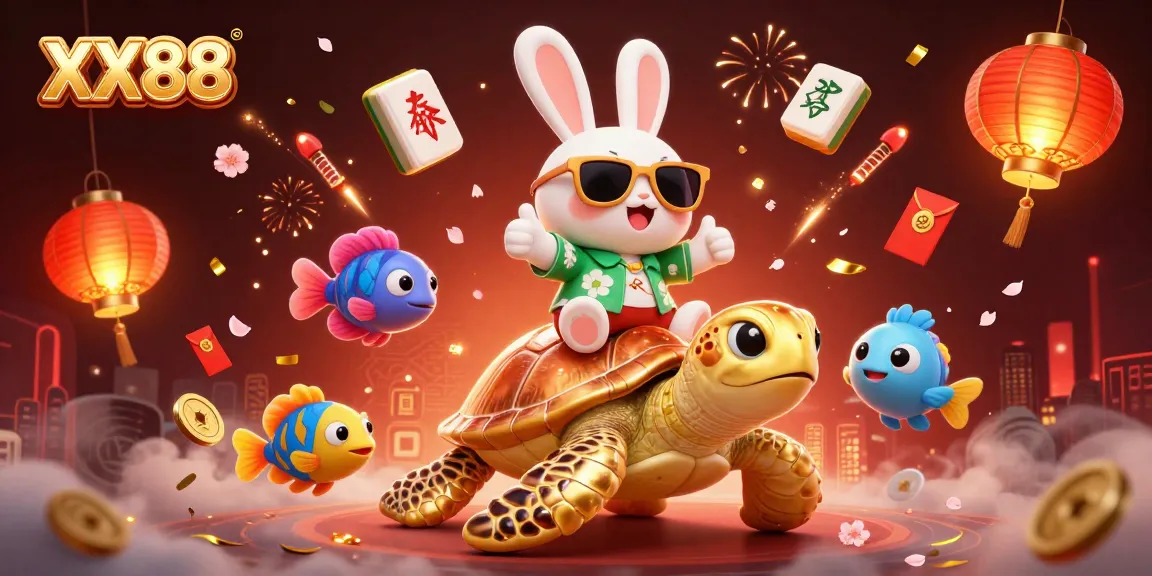 Join the fun with XX88 as a lucky rabbit rides a gem-encrusted sea turtle amidst gambling elements.