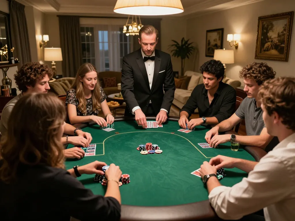 gbong players enjoying an intense poker game at a home table with chips and cards visible