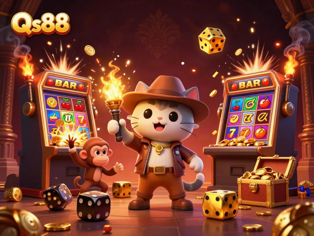 Experience the excitement of Qs88 with vibrant characters and casino elements in a dynamic 3D illustration.