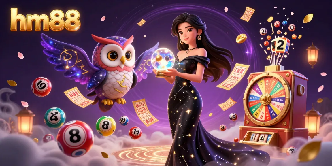 Engage with the vibrant scene of hm88, featuring a mystical woman and owl surrounded by dynamic lottery elements and magical energy.