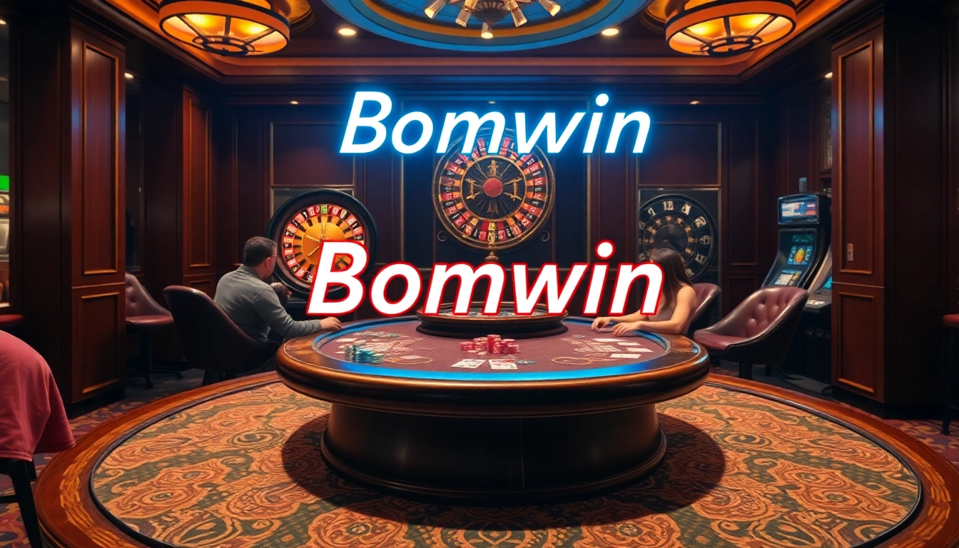 Exciting poker game scene at Bomwin casino, featuring vibrant chips and intense players.