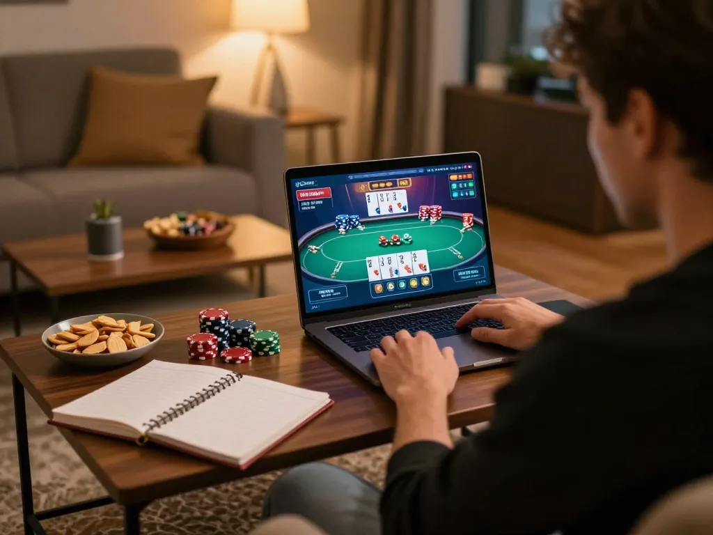 Engaging gameplay on SV66 online poker table in cozy home setting, emphasizing strategic betting.