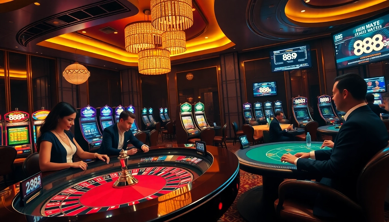 Experience thrilling gameplay at 888P with vibrant casino tables and players enjoying their bets.