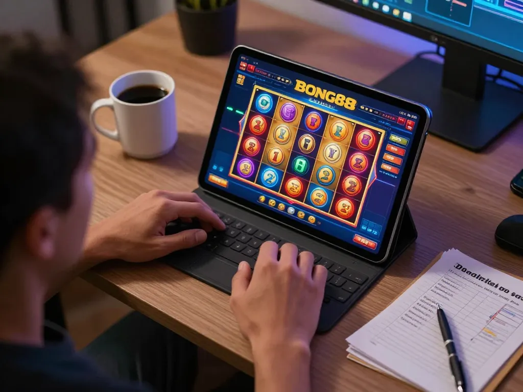 BONG88 player engaging in online casino slot game with tablet in cozy home office setting