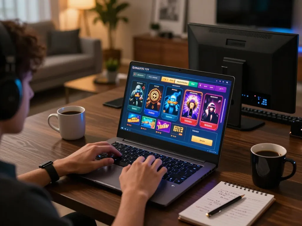 Pengguna yang terlibat menikmati permainan online HALO777 dengan antarmuka yang cerah dalam pengaturan yang nyaman