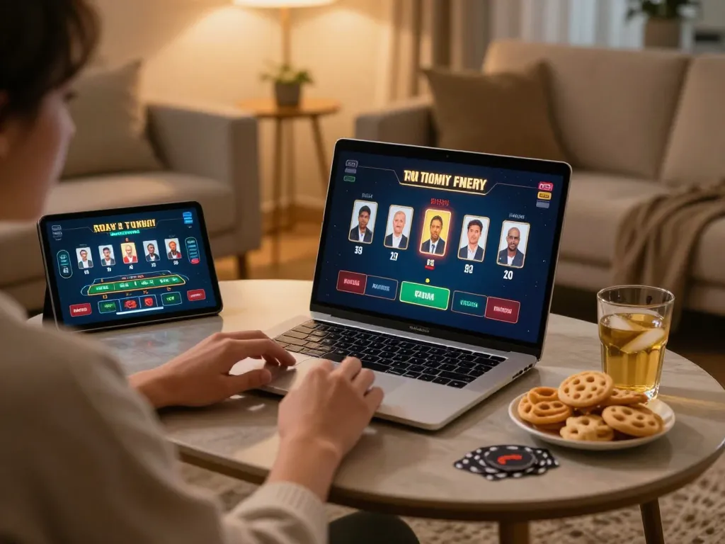 Player enjoying a live dealer game on 99ok in a cozy home setting with snacks.