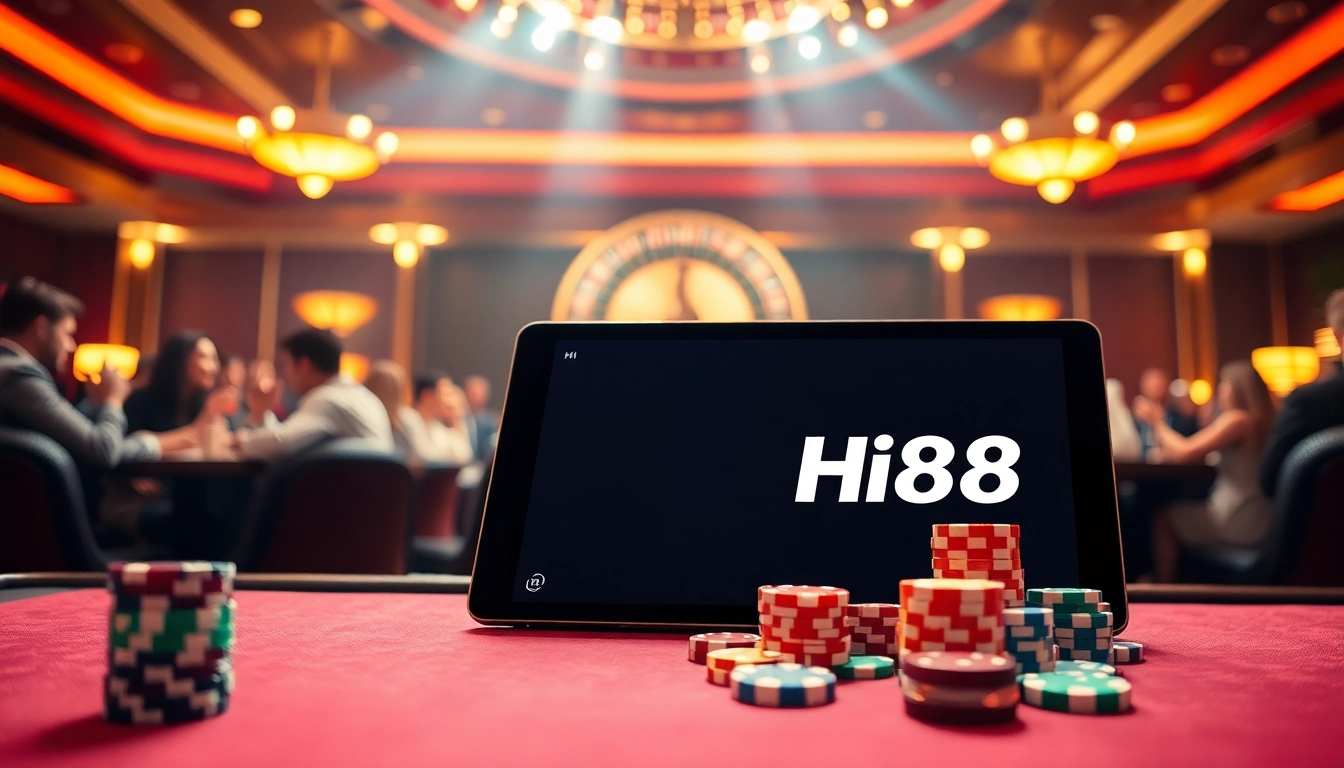 Engage in thrilling casino action at Hi88 with vibrant gaming tables and poker chips.