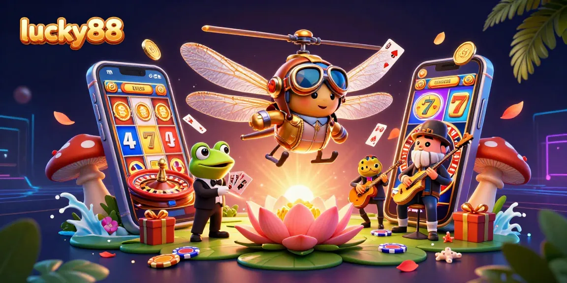 Experience the joy of lucky88 slots with vibrant 3D illustration featuring dynamic casino characters.
