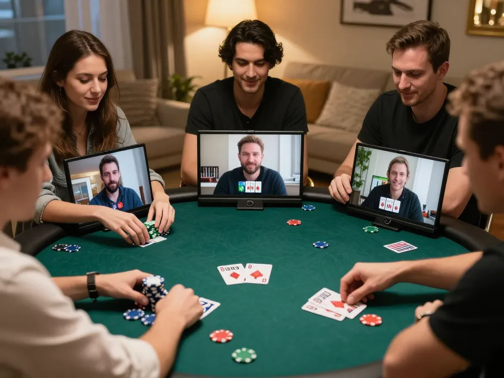 Thabet online poker players strategizing during a live game in a cozy setting