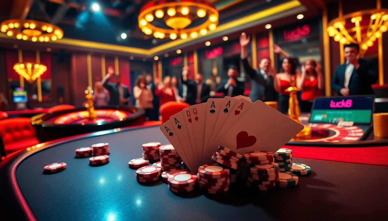 Engaging players at https://luck8.media/ during an exciting poker game in a luxury casino environment.