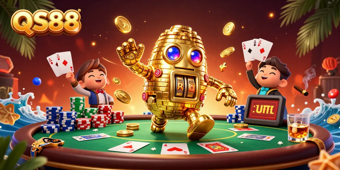 Experience exciting gameplay at QS88 with a dynamic golden golem surrounded by poker elements.