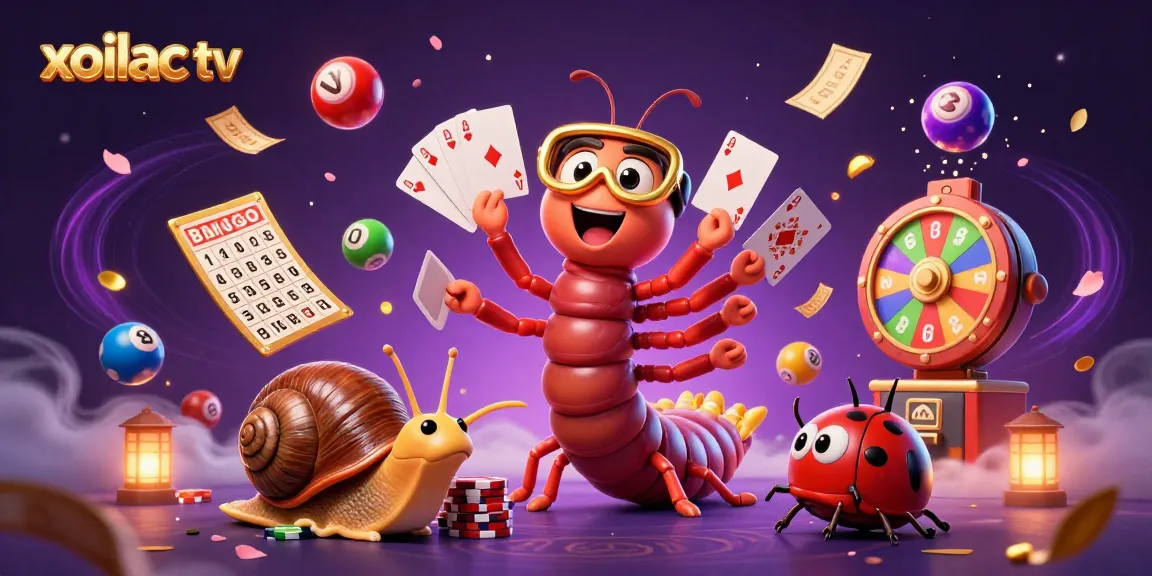 Xoilac TV bringing excitement as a dealer showcases cards among colorful gambling elements.