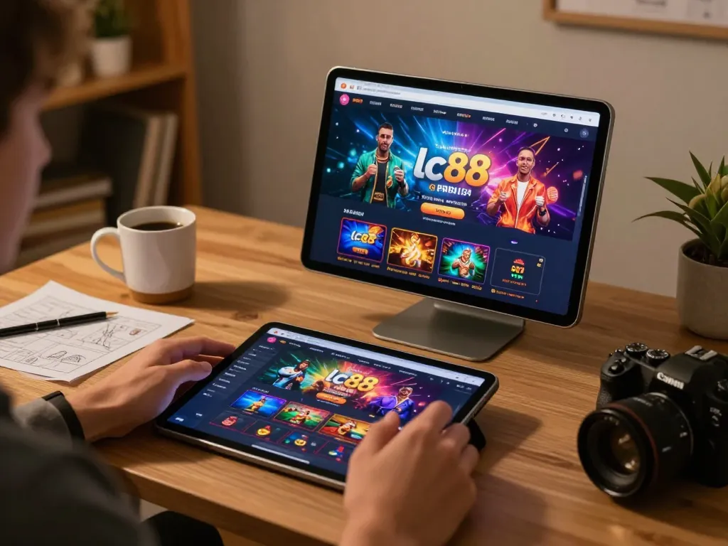 Player engaged in lc88 online gambling on a tablet with cozy home office setting