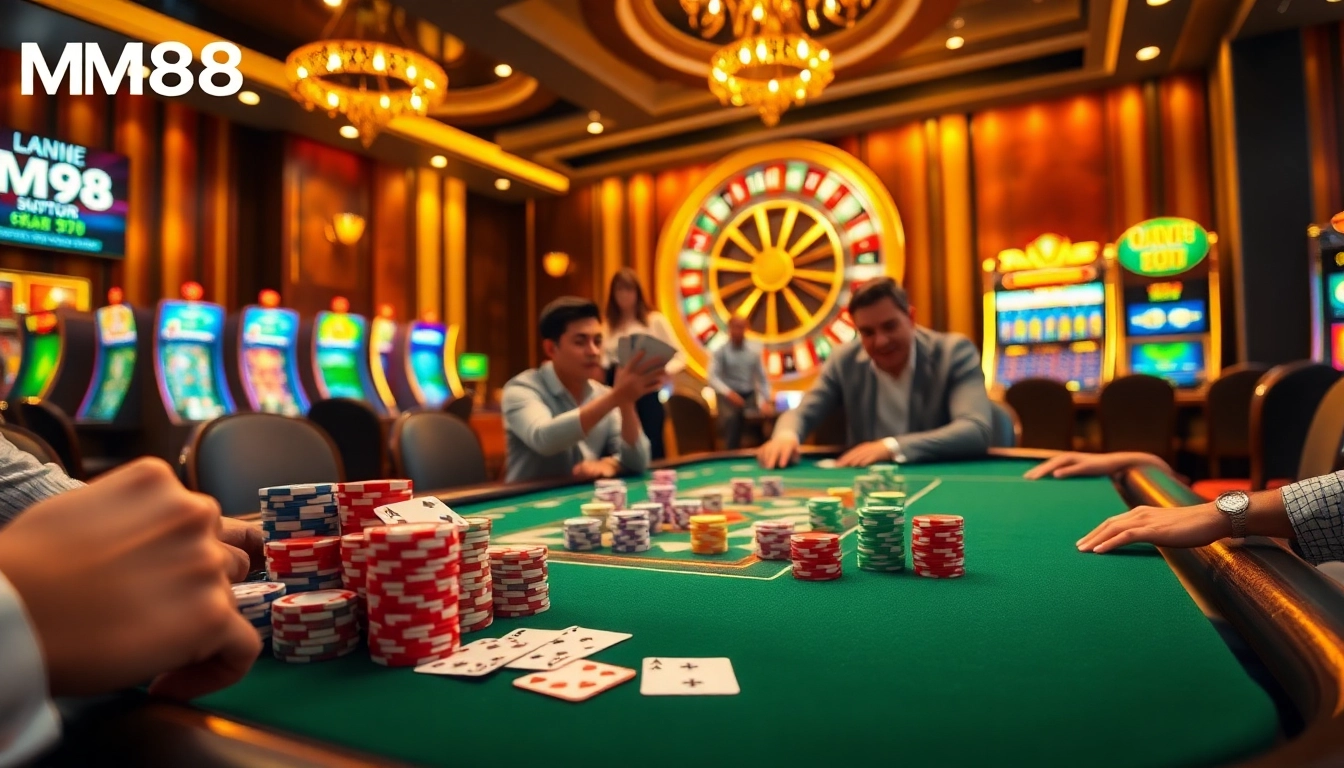 Experience the thrill of MM88 with vibrant poker chips and lively casino action.