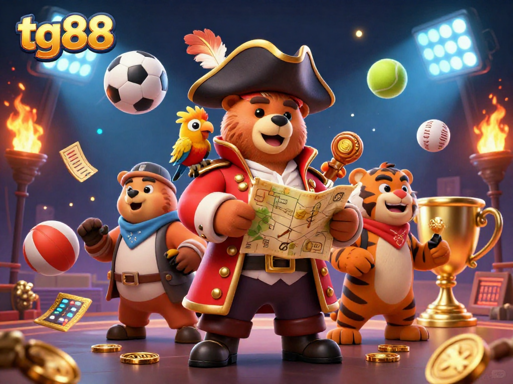 Engage in thrilling action at tg88, where a cartoon pirate bear navigates a vibrant casino world.