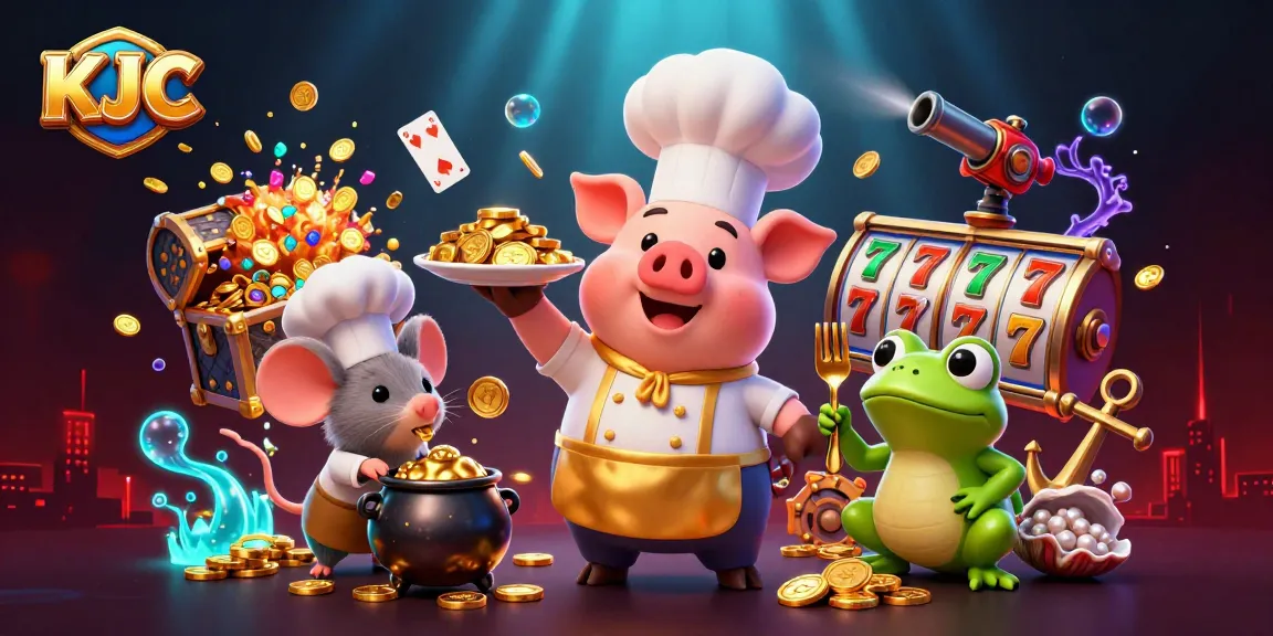 KJC presents a vibrant scene of a chef pig serving gold coins among casino slot elements and underwater treasures.