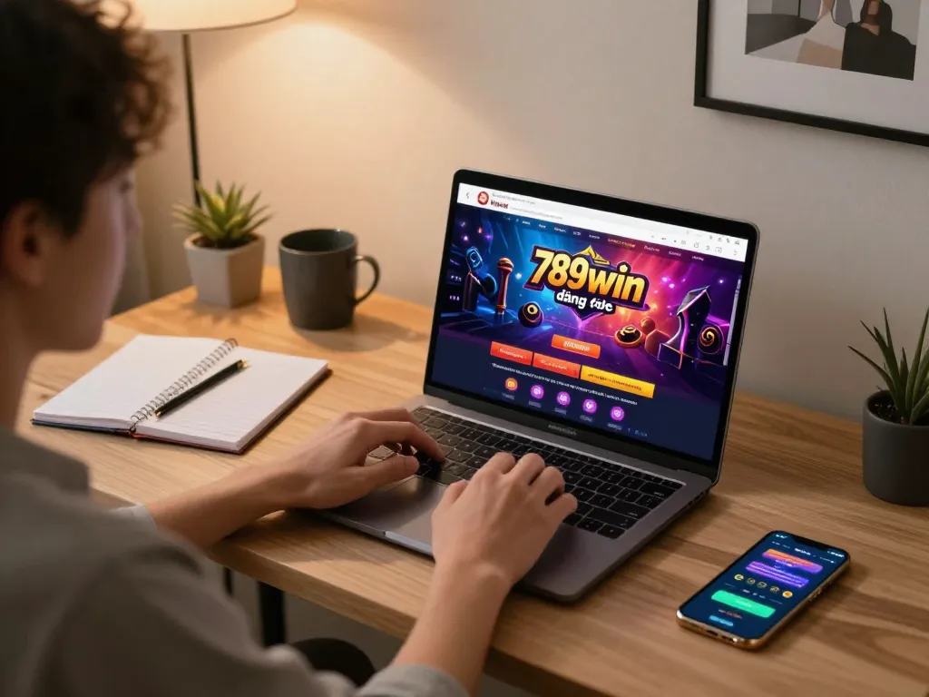 Person engaging with the 789win đăng nhập interface on a laptop, showcasing a sophisticated home gaming setup