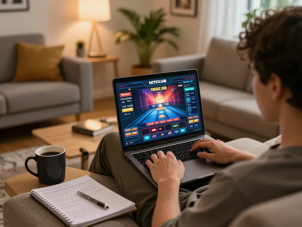 Engaging in online gaming at HITCLUB with strategic notes and a cozy setup