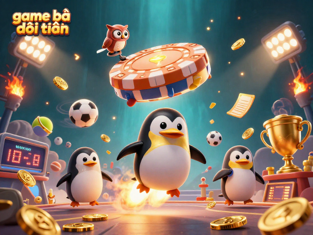 Experience game bài đổi thưởng with a dynamic 3D illustration featuring a golden penguin and casino-themed elements.