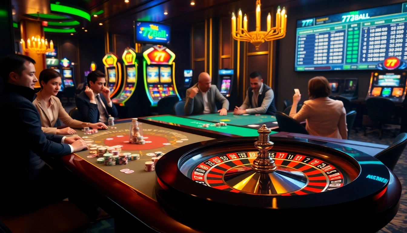 Players engaging in strategic betting at the 77ball cc casino table with vibrant poker chips.
