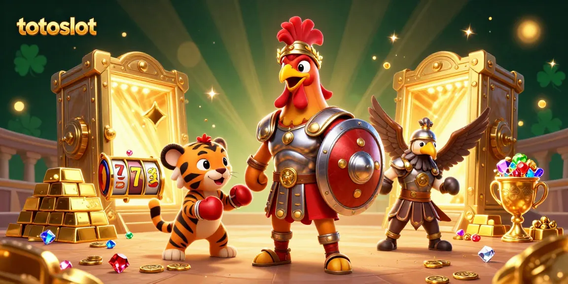 Totoslot players engaging with dynamic slot reels and golden treasures in a vibrant casino arena.