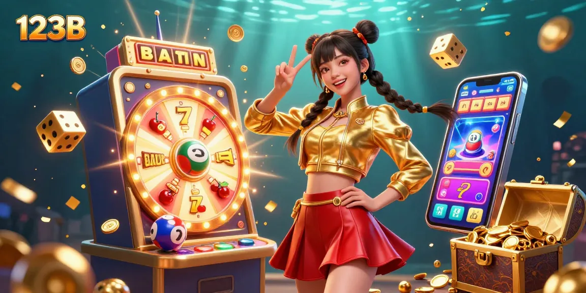 Win big at 123B with a vibrant 3D casino scene featuring slot machines and lottery elements.