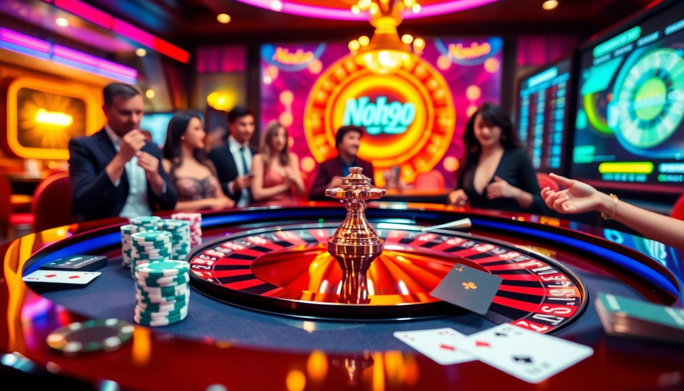 Nohu90 gamers enjoying a thrilling roulette experience with vibrant casino elements.
