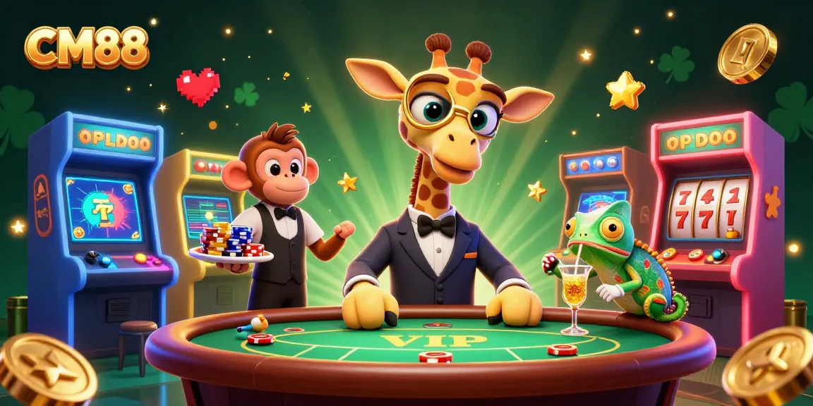Experience thrilling jackpots with CM88 as a high-roller giraffe and friends enjoy the casino atmosphere.
