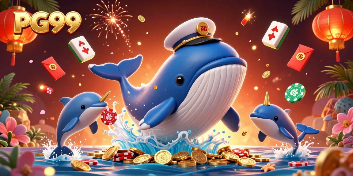 Celebrate wins at PG99 with playful dolphins and a majestic whale amidst a sea of coins.