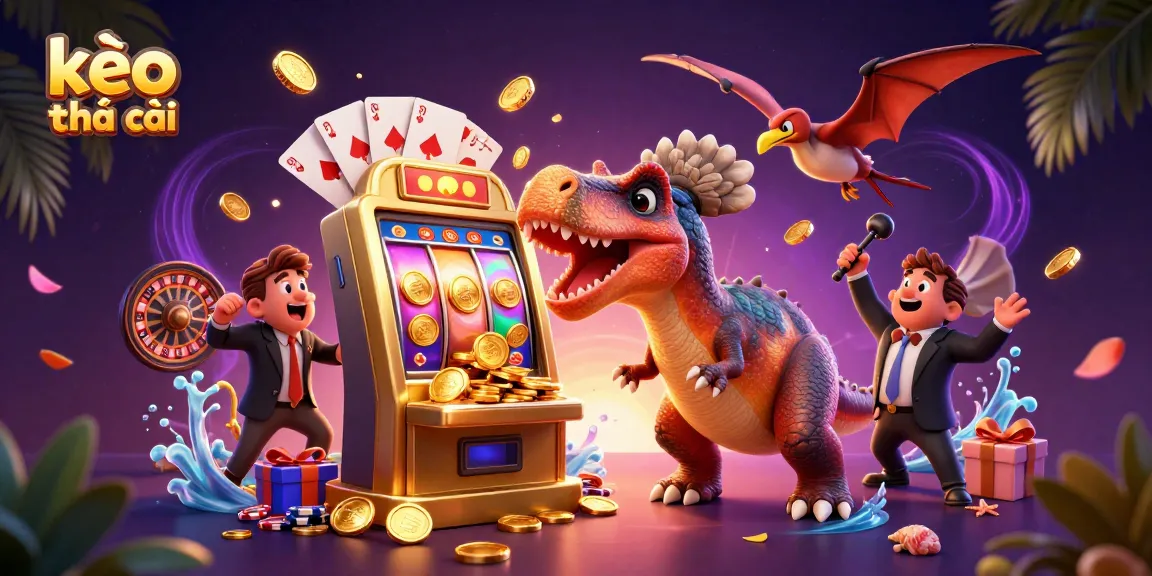 Engage with kèo nhà cái as a pachycephalosaurus makes a slot machine pay out, showcasing lively casino action.