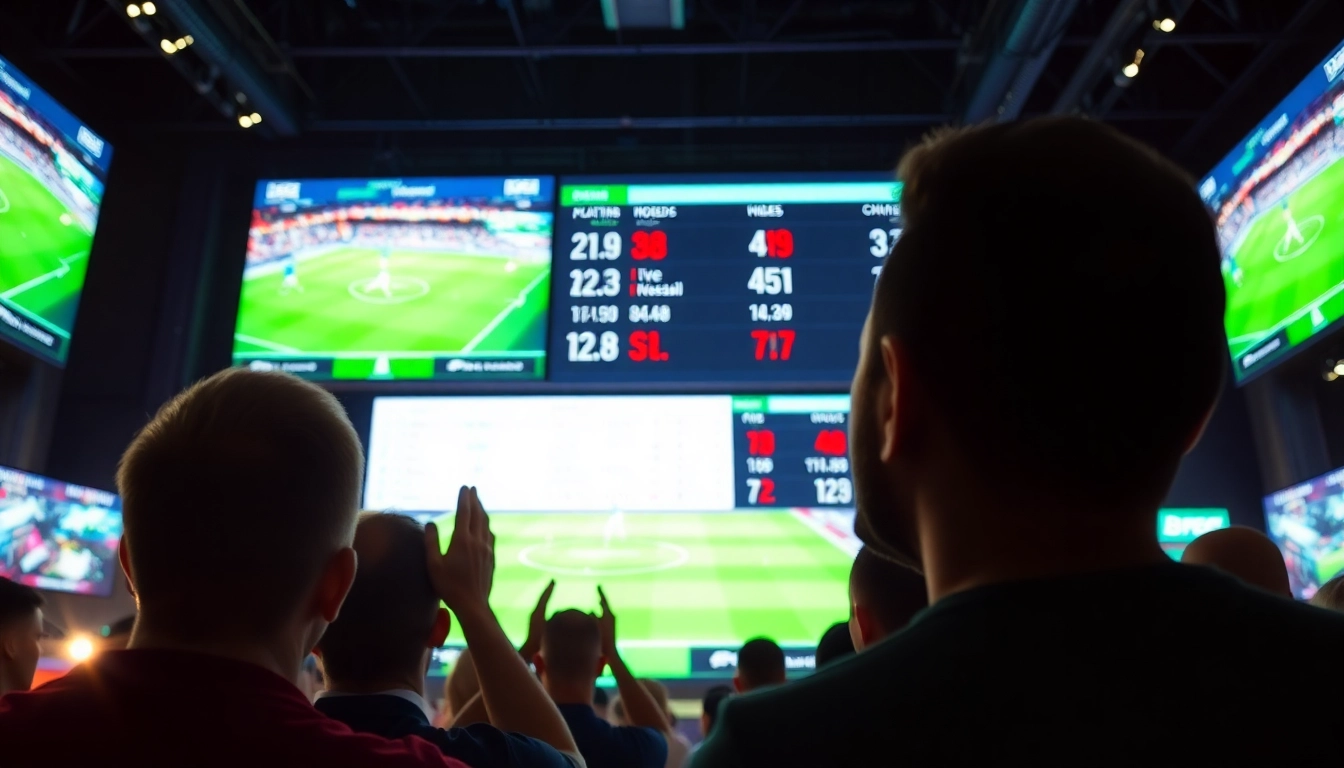 Live sports betting scene with keonhacai odds displayed on digital screens.
