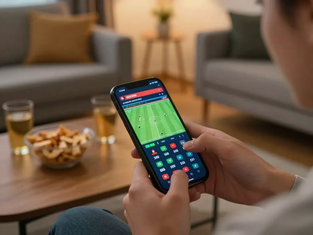 RR88 player placing live bets on a smartphone with a cozy home atmosphere.