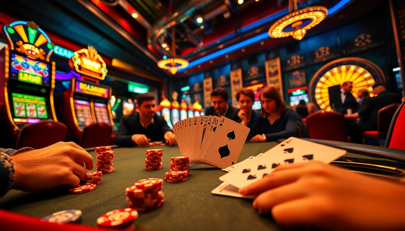 C168 offers a thrilling casino experience, showcasing luxurious poker tables and vibrant slot machines.