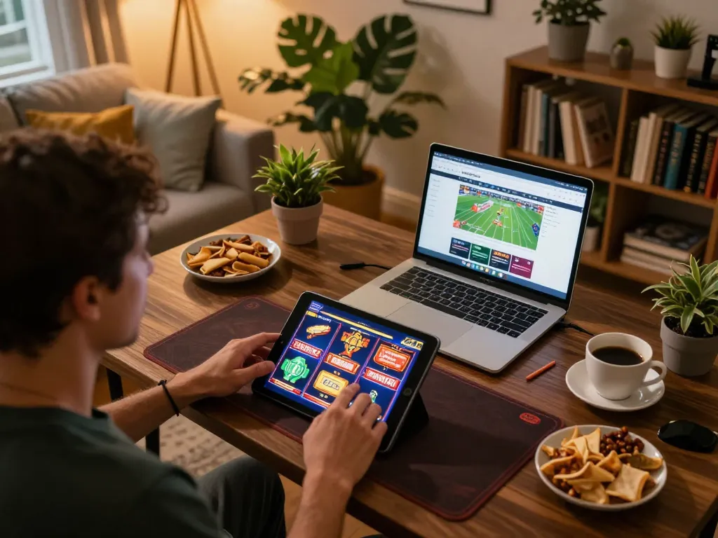 Engaging online gaming scene showing a person enjoying cm88 slot games on a tablet in a cozy home setup.