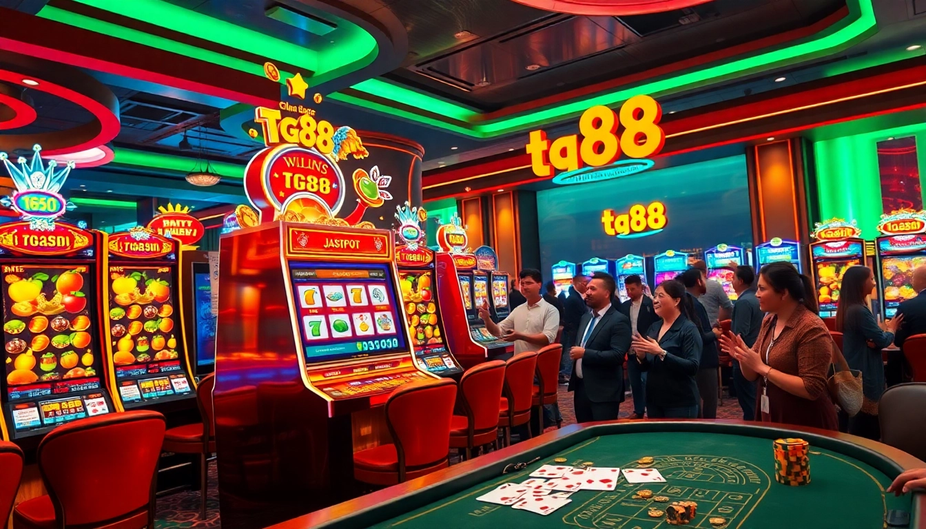 Win big at tg88 with vibrant slot machines and excited gamblers celebrating jackpots.