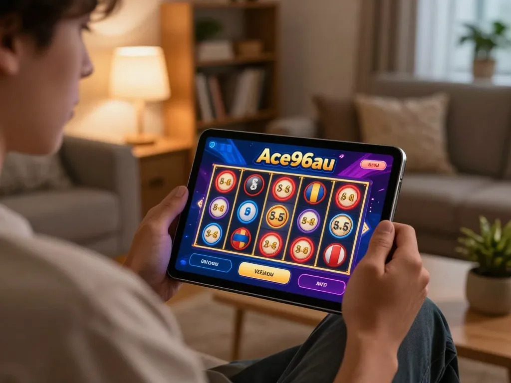 Engaging gameplay on Ace96au platform with a player using a tablet while sitting comfortably.