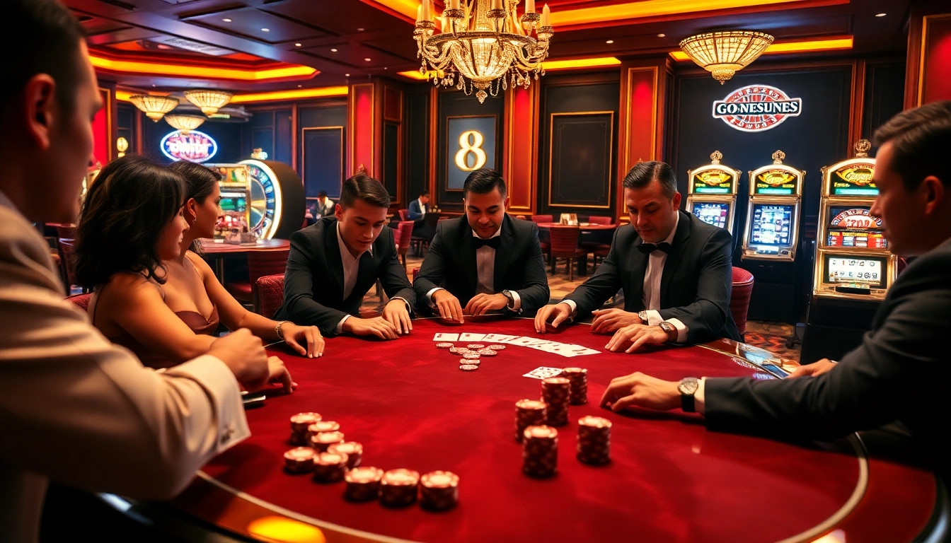 Exciting poker action at a Go8 casino table with vibrant chips and cards.
