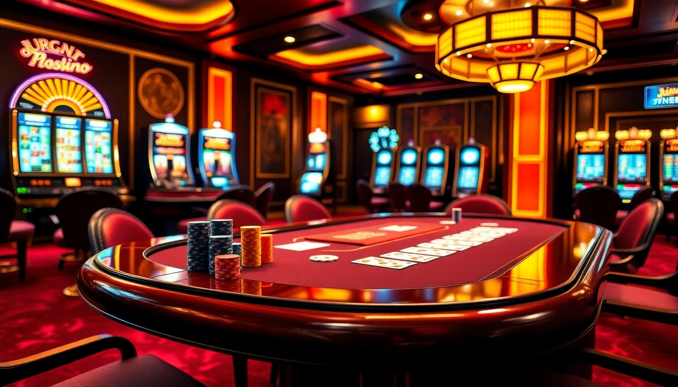 Experience the thrill of Jun88 at a luxurious casino poker table featuring sleek cards and vibrant chips.