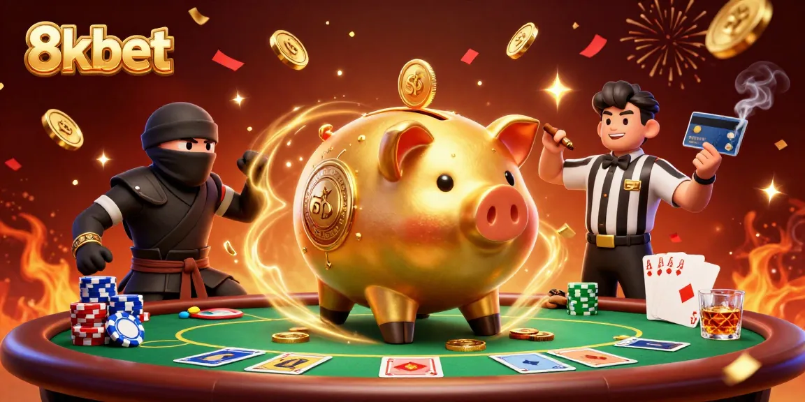 Experience thrilling gaming action with 8xbet featuring a golden piggy bank sumo wrestler and poker excitement.