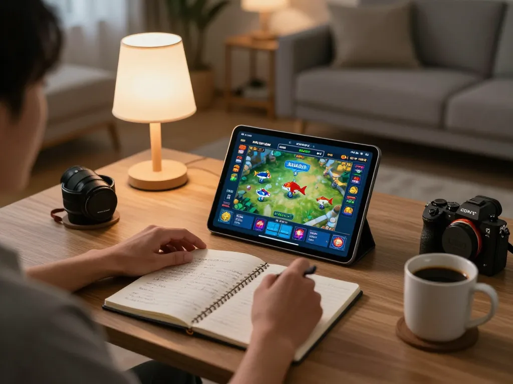 Bắn cá đổi thưởng game on tablet, showcasing a cozy gaming setup with strategy notes and warm lighting.