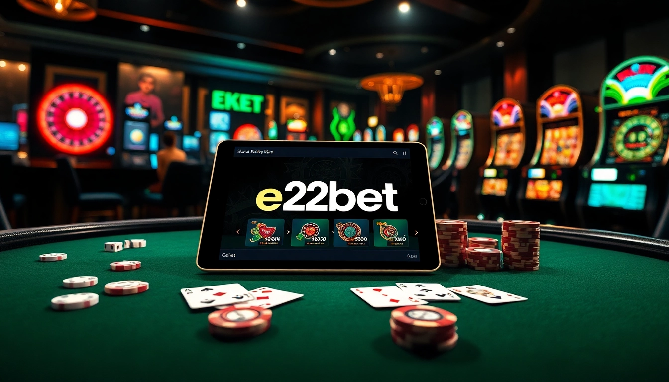 Experience thrilling gambling action with e2bet's sophisticated online casino interface and elegant poker elements.