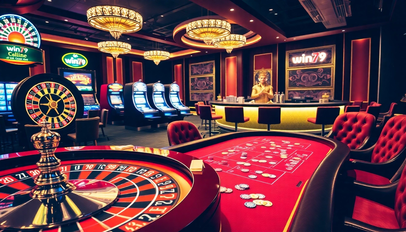 Experience the thrill of win79 with dynamic poker chips and roulette wheels in an upscale casino setting.