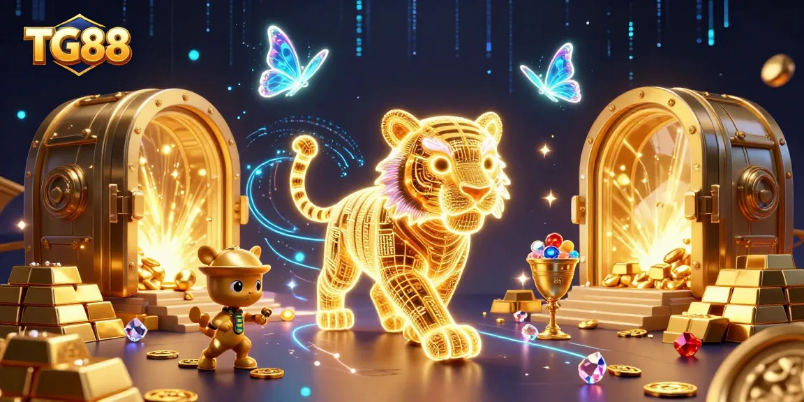 Experience TG88's thrilling online casino with a neon-wireframe tiger and holographic companions amidst gold treasures.
