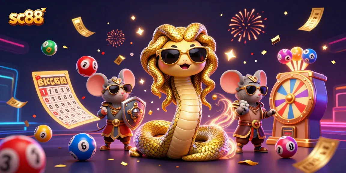 Engage with sc88 in a playful 3D cartoon scene featuring Medusa and vibrant lottery elements.